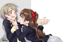 Rule 34 | 10s, 2girls, ^^^, artist name, black jacket, blue eyes, blush, bow, bowtie, brown hair, eye contact, face-to-face, grey skirt, hair ornament, hair ribbon, hairclip, half updo, hands on another&#039;s cheeks, hands on another&#039;s face, highres, jacket, long hair, looking at another, love live!, love live! nijigasaki high school idol club, love live! school idol festival all stars, multiple girls, nakasu kasumi, nijigasaki academy school uniform, open mouth, osaka shizuku, pleated skirt, red eyes, ribbon, sansensui, school uniform, shirt, short hair, simple background, skirt, smile, standing, surprised, white shirt, wide-eyed, yuri