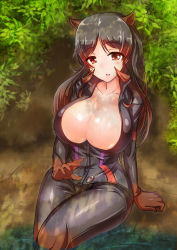 Rule 34 | 10s, 1girl, animal ears, arm support, black hair, blush, breasts, brown eyes, brown hair, catsuit, center opening, cleavage, collarbone, fujikusa, full-length zipper, gradient hair, highres, hippopotamus (kemono friends), hippopotamus ears, kemono friends, large breasts, looking at viewer, multicolored hair, parted lips, partially submerged, sitting, skin tight, solo, zipper