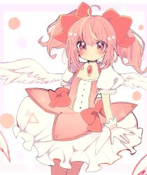Rule 34 | 1girl, absurdres, ahoge, blush, breasts, brooch, closed mouth, cowboy shot, dot mouth, frilled sleeves, frills, gloves, hair between eyes, heart, highres, jewelry, kaname madoka, looking at viewer, magical girl, mahou shoujo madoka magica, medium hair, no nose, ovoip, pink eyes, pink hair, puffy short sleeves, puffy sleeves, red brooch, short sleeves, simple background, small breasts, solo, star-shaped pupils, star (symbol), symbol-shaped pupils, twitter username, two side up, white background, white gloves, white wings, wings