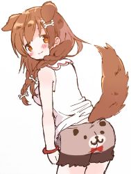 Rule 34 | 1girl, animal ears, animal print, ass, bare shoulders, bear print, blush, bone hair ornament, boxer briefs, bracelet, braid, breasts, brown eyes, brown hair, collared shirt, commentary request, dog ears, dog girl, dog tail, from behind, hair between eyes, hair ornament, highres, hololive, inugami korone, inugami korone (1st costume), jewelry, looking back, low twin braids, male underwear, nerimoko3, see-through, shirt, smile, solo, tail, tail raised, twin braids, underwear, virtual youtuber, white shirt