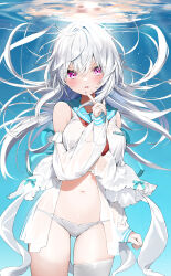 Rule 34 | 1girl, arm at side, bare shoulders, blue sailor collar, blush, breasts, cowboy shot, detached sleeves, dress, finger to mouth, floating hair, hair between eyes, highres, index finger raised, kamioka shun&#039;ya, light smile, long hair, long sleeves, looking ahead, looking at viewer, medium breasts, navel, neckerchief, no pants, original, panties, parted lips, pink eyes, red neckerchief, sailor collar, sailor dress, see-through, shiori (kamioka shun&#039;ya), single thighhigh, sleeveless, sleeveless dress, sleeves past wrists, solo, sparkling eyes, stomach, straight-on, thighhighs, underwater, underwear, white dress, white hair, white panties, white thighhighs