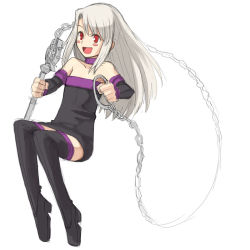 Rule 34 | 1girl, :d, blush stickers, boots, chain, collar, cosplay, dress, fate/stay night, fate (series), full body, illyasviel von einzbern, long hair, medusa (fate), medusa (rider) (fate), medusa (rider) (fate) (cosplay), nameless dagger (fate), open mouth, red eyes, simple background, smile, solo, strapless, strapless dress, thigh boots, thighhighs, white hair, yu 65026, zettai ryouiki