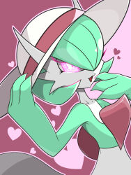 Rule 34 | 1girl, adjusting clothes, adjusting headwear, arm up, bob cut, bright pupils, clothed pokemon, collarbone, colored skin, creatures (company), female focus, flat chest, game freak, gardevoir, gen 3 pokemon, glowing, glowing eyes, green hair, green skin, hair over one eye, half-closed eyes, hand to own mouth, hand up, happy, heart, highres, looking at viewer, multicolored skin, nintendo, one eye covered, open mouth, outline, pink background, pink eyes, pink outline, pokemon, pokemon (creature), short hair, smile, solo, two-tone skin, ume emaru, upper body, white pupils, white skin