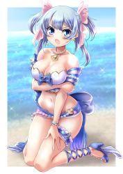 Rule 34 | 1girl, :o, absurdres, arm ribbon, arm under breasts, back bow, bandeau, bare shoulders, beach, blue eyes, blue footwear, blue hair, blue sky, blush, bow, breasts, cleavage, collarbone, commentary request, day, earrings, full body, groin, hair between eyes, hair ornament, high heels, highres, jewelry, kneeling, large breasts, light blue hair, long hair, looking at viewer, magia record: mahou shoujo madoka magica gaiden, mahou shoujo madoka magica, midriff, minami rena, minami rena (swimsuit ver.), navel, necklace, ocean, open mouth, pearl hair ornament, pearl necklace, pink ribbon, ribbon, satom, shadow, sidelocks, sky, solo, star (symbol), star earrings, thigh strap, two side up, white background