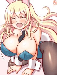 Rule 34 | 1girl, animal ears, artist logo, atago (kancolle), between breasts, black pantyhose, blonde hair, blue leotard, blush, bouncing breasts, breasts, closed eyes, covered navel, detached collar, fake animal ears, fake tail, gradient background, highleg, highleg leotard, jewelry, kanon (kurogane knights), kantai collection, large breasts, leotard, necklace, necktie, necktie between breasts, one-hour drawing challenge, open mouth, pantyhose, playboy bunny, rabbit ears, rabbit tail, sitting, strapless, strapless leotard, tail, wariza, white background, wrist cuffs