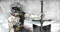 Rule 34 | 1boy, asta (black clover), beaten, black clover, blood, blood from mouth, blood on face, bruise, green eyes, grey hair, headband, injury, limn044, muscular, muscular male, signature, snow, snowflakes, snowing, sword, torn clothes, weapon