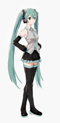 Rule 34 | 1girl, absurdres, blue eyes, blue hair, boots, collared shirt, detached sleeves, dress, hair ornament, hands on own hips, hatsune miku, headphones, highres, long hair, long sleeves, necktie, pleated skirt, shirt, skirt, sleeveless, sleeveless dress, solo, thigh boots, twintails, very long hair, vocaloid, yakkl