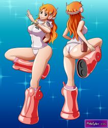 Rule 34 | 1girl, alternate costume, ass, bare legs, boots, breasts, brown eyes, closed mouth, curvy, egghead island, headphones, highres, hooded leotard, huge ass, kneepits, large breasts, leotard, log pose, long hair, medium breasts, metalytar, multiple views, nami (one piece), nami (one piece) (egghead), official alternate costume, one piece, orange hair, panicawa, pink footwear, polearm, revealing clothes, shoulder tattoo, sleeveless turtleneck leotard, solo, standing, standing on one leg, tattoo, very long hair, weapon, white leotard, wide hips