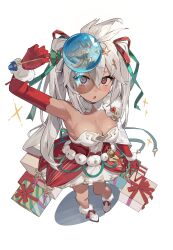 1girl alternate_costume alternate_hairstyle aqua_ribbon arm_at_side arm_up armpits box breasts cleavage commentary dark-skinned_female dark_skin dress elbow_gloves from_above gift gift_box gloves granblue_fantasy hair_between_eyes hair_ribbon highres holding long_hair looking_at_viewer looking_up medium_breasts parted_lips red_eyes red_gloves red_ribbon ribbon shoes simple_background single_bare_shoulder snow_globe solo sparkle standing strapless strapless_dress symbol-only_commentary white_background white_footwear white_hair wuzhu_nis zooey_(granblue_fantasy)