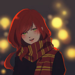 Rule 34 | 1girl, :d, blurry, blush, bokeh, depth of field, enpera, green eyes, gryffindor, harry potter (series), kurosujuu, lily evans, long hair, looking at viewer, open mouth, red hair, red scarf, scarf, smile, solo, striped clothes, striped scarf, swept bangs, upper body, wizarding world
