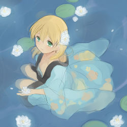 Rule 34 | 1boy, androgynous, bad id, bad pixiv id, blonde hair, downblouse, floral print, flower, from above, green eyes, hair flower, hair ornament, inazuma eleven, inazuma eleven (series), japanese clothes, lily pad, long hair, male focus, miyasaka ryou, solo, tomo (sjim), trap, water