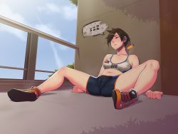 Rule 34 | 1girl, bike shorts, blush, bra, breasts, brown hair, cameltoe, cleft of venus, covered erect nipples, drugged, closed eyes, highres, midriff, navel, overwatch, overwatch 1, saliva, shiory, short hair, small breasts, solo, sports bra, spread legs, sweat, syringe, tomboy, tracer (overwatch), unconscious, underwear