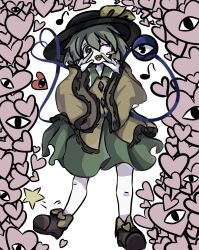 Rule 34 | 1girl, absurdres, black footwear, black hat, blouse, blush stickers, boots, bow, bright pupils, buttons, controlord, diamond button, eyeball, frilled shirt collar, frilled sleeves, frills, full body, green eyes, green skirt, hat, hat bow, hat ribbon, heart, heart of string, highres, koishi komeiji&#039;s heart-throbbing adventure, komeiji koishi, light green hair, long sleeves, looking at viewer, medium hair, open mouth, pale skin, ribbon, shirt, simple background, skirt, smile, solo, standing, third eye, touhou, wavy hair, white background, white pupils, wide sleeves, yellow bow, yellow ribbon, yellow shirt