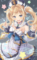 Rule 34 | 1girl, :d, absurdres, amaton707, apron, armpit crease, barbara (genshin impact), blonde hair, blue eyes, blush, bow, brooch, clenched hands, cowboy shot, detached collar, detached sleeves, dress, dress bow, drill hair, eyelashes, genshin impact, half note, headdress, highres, jewelry, long hair, long sleeves, looking at viewer, musical note, open mouth, quarter note, simple background, sleeveless, sleeveless dress, smile, solo, swept bangs, teeth, treble clef, twin drills, twintails, upper teeth only, waist apron, white dress, white headwear, white sleeves