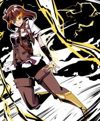 Rule 34 | 1girl, airborne, amber (rwby), angry, boots, breasts, brown eyes, brown hair, clenched teeth, dress, electricity, fire, floating, flying, full body, in air, lightning, magic, mask, matching hair/eyes, medium breasts, medium hair, parted lips, rwby, serious, short sleeves, solo, teeth, thigh boots, thighhighs