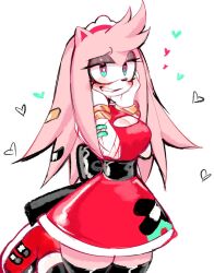 Rule 34 | 1girl, amy rose, black thighhighs, blush stickers, boots, bracelet, breasts, cleavage cutout, clothing cutout, dress, furry, furry female, gloves, green eyes, grin, hairband, hands on own face, heart, heart-shaped pupils, jewelry, large breasts, looking at viewer, red dress, red hairband, simple background, smile, solo, sonic (series), standing, standing on one leg, symbol-shaped pupils, thighhighs, usa37107692, white background, white gloves