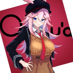 Rule 34 | 1girl, absurdres, animal ears, beret, black hat, blue eyes, border, brown skirt, casual, closed mouth, fashion, fox ears, hair between eyes, hand on own hip, hat, highres, honkai (series), honkai impact 3rd, long hair, long sleeves, looking at viewer, necktie, pink hair, polo shirt, ribbed sweater, shirt, skirt, smile, solo, sweater, vest, white shirt, yae sakura, you&#039;a