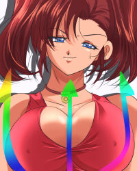 Rule 34 | 1girl, bakusou kyoudai let&#039;s &amp; go!!, bakusou kyoudai let&#039;s &amp; go!! max, blue eyes, breasts, brown hair, cleavage, covered erect nipples, hair ribbon, half-closed eyes, highres, jewelry, large breasts, legs, looking at viewer, naughty face, necklace, oogami marina, ribbon, seductive gaze, seductive smile, smile, solo, tank top, twintails
