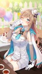 Rule 34 | 1girl, aqua cape, aqua necktie, arm support, balloon, bare shoulders, birthday cake, black flower, black thighhighs, blue eyes, blurry, blurry background, blush, bowl, braid, breasts, cake, cape, cleavage, collared dress, cowboy shot, cup, curly hair, day, detached sleeves, dress, drinking, drinking glass, fence, flower, food, french braid, frown, garrison cap, girl cafe gun, gloves, grainne draser (girl cafe gun), grass, hair flower, hair ornament, hat, hat tassel, highres, holding, holding cup, light brown hair, liquid from mouth, long hair, looking at viewer, medium breasts, necktie, non-web source, official art, on chair, one eye closed, pencil dress, see-through, see-through cleavage, see-through sleeves, short dress, sitting, sleeveless, sleeveless dress, solo, sparkle, strawberry cake, string of flags, sweat, swept bangs, table, tearing up, thighhighs, tilted headwear, white dress, white gloves, white hat, wooden fence, wooden floor, zettai ryouiki