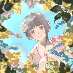 Rule 34 | 1girl, :d, ameinu, blue flower, blunt bangs, brown hair, commentary, day, feet out of frame, flower, hair bun, hair flower, hair intakes, hair ornament, highres, japanese clothes, kimono, leaf, looking at viewer, open mouth, original, pink eyes, pink flower, single sidelock, smile, solo, squatting, symbol-only commentary, white flower, yellow flower, yellow kimono