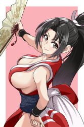 1girl black_hair breasts cleavage crossover guest_character guest_fighter hand_fan hige_(com) high_ponytail highres holding holding_fan large_breasts long_hair looking_at_viewer ninja ponytail revealing_clothes shiranui_mai sideboob smile solo street_fighter street_fighter_6 the_king_of_fighters