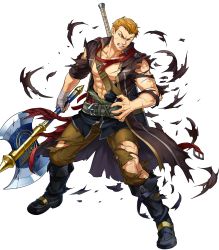 Rule 34 | 1boy, abs, axe, bandages, belt, blonde hair, boots, brown eyes, earrings, fire emblem, fire emblem: the blazing blade, fire emblem heroes, full body, highres, indesign, injury, jewelry, linus (fire emblem), male focus, manly, navel, nintendo, official art, one eye closed, scar, teeth, torn clothes, transparent background