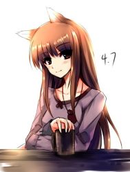 Rule 34 | 1girl, animal ears, blush, brown hair, cup, holo, long hair, looking at viewer, red eyes, spice and wolf, windforcelan, wolf ears