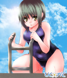 Rule 34 | 1girl, bad id, bad pixiv id, brown eyes, chako nejio, cloud, curvy, day, green hair, kazuki, leaning forward, looking at viewer, one-piece swimsuit, outdoors, pool, pool ladder, poolside, school swimsuit, short hair, sky, solo, swimsuit, wet