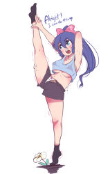 Rule 34 | 1girl, blue hair, blue shirt, breasts, charochai, crop top, flexible, flower, highres, large breasts, panties, ponytail, shirt, solo, stretching, underboob, underwear, unzipped