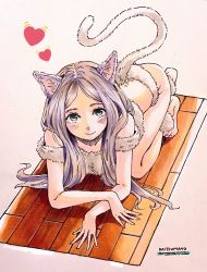 Rule 34 | 1girl, animal ears, ankle cuffs, anklet, artist name, bare shoulders, barefoot, bent over, black nails, blonde hair, blue eyes, blush, bra, breasts, cat ears, cat girl, cat tail, cleavage, closed mouth, eyebrows, eyelashes, full body, fur, grey hair, heart, highres, humanization, jewelry, kneeling, legs, lingerie, lips, looking at viewer, lying, medium breasts, mitsumayo, nail, nail polish, on stomach, original, panties, simple background, smile, strapless, symbol-shaped pupils, tail, the pose, thighs, toes, traditional media, underwear, underwear only, white background, white bra, white hair