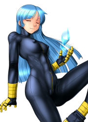 Rule 34 | 1girl, abs, absurdres, blue hair, blush, bodysuit, boots, breasts, chaps, closed eyes, covered erect nipples, crystal, highres, kula diamond, legs, long hair, muscular, muscular female, qkat (arikawa-dou), simple background, small breasts, smile, solo, standing, the king of fighters, thighs, toned, white background