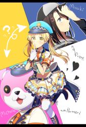 Rule 34 | + +, 3girls, :3, ?, adjusting clothes, adjusting headwear, animal costume, armband, arrow (symbol), back bow, badge, bang dream!, baseball cap, bear costume, black footwear, black hair, blonde hair, blue eyes, boots, bow, character name, crop top, cross-laced footwear, cuffs, detached collar, earrings, english text, finger to mouth, hair ornament, hairclip, handcuffs, harusawa, hat, heart, high heel boots, high heels, highres, index finger raised, jacket, jewelry, keyring, knee boots, layered skirt, letterboxed, long hair, long sleeves, looking at viewer, mascot costume, michelle (bang dream!), miniskirt, multiple girls, navel, necktie, okusawa misaki, orange neckwear, police, police hat, police uniform, short sleeves, skirt, standing, standing on one leg, star (symbol), star earrings, thighhighs, tsurumaki kokoro, twintails, uniform, white legwear, yellow eyes