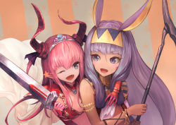 Rule 34 | 2girls, animal ears, armlet, asymmetrical horns, blue eyes, blush, bracelet, curled horns, dark-skinned female, dark skin, dragon horns, egyptian, egyptian clothes, elizabeth bathory (brave) (fate), elizabeth bathory (fate), elizabeth bathory (fate/extra ccc), fang, fate/grand order, fate (series), gauntlets, hairband, holding, holding sword, holding weapon, horns, jackal ears, jewelry, kawahara ryuuta, long hair, looking at another, multiple girls, nitocris (fate), one eye closed, open mouth, pink hair, purple eyes, purple hair, sleeveless, smile, star (symbol), sword, uneven horns, upper body, weapon