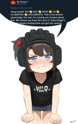 Rule 34 | 1girl, :i, black shirt, blue eyes, brown hair, closed mouth, collarbone, denim, denim shorts, english text, helmet, highres, kion-kun, leaning forward, looking at viewer, meme, original, personification, pout, shirt, short hair, short shorts, shorts, simple background, solo, speech bubble, t-shirt, tearing up, twitter, twitter username, war thunder, wavy mouth, white background