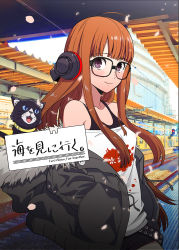 Rule 34 | 1girl, :d, ahoge, bare shoulders, belt, black-framed eyewear, black belt, black cat, black shorts, blue sclera, blush, bra strap, breasts, brown eyes, building, cat, collar, colored sclera, commentary request, cowboy shot, drawstring, fur trim, glasses, grey jacket, headphones, highres, ito (daisukidanchi), jacket, long hair, looking at viewer, medium breasts, morgana (persona 5), off-shoulder shirt, off shoulder, open clothes, open jacket, open mouth, orange hair, persona, persona 5, petals, photo background, railroad tracks, sakura futaba, shirt, short shorts, shorts, smile, standing, t-shirt, translation request, white shirt, yellow collar