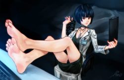 Rule 34 | 10s, 1girl, asmo deus, bare legs, barefoot, blue hair, brown eyes, choker, clipboard, collar, collarbone, dress, feet, female focus, full body, holding, jewelry, lab coat, long sleeves, looking at viewer, nail polish, necklace, panties, persona, persona 5, red nails, short hair, sitting, soles, solo, studded collar, takemi tae, toes, underwear, upskirt