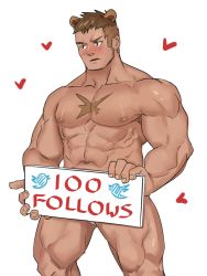 Rule 34 | 1boy, abs, animal ears, bara, bear boy, bear ears, blush, body fur, brown hair, chest hair, covering privates, covering crotch, dark-skinned male, dark skin, embarrassed, feet out of frame, heart, holding, holding sign, hydaus, kemonomimi mode, large pectorals, male focus, male underwear, male underwear peek, milestone celebration, muscular, muscular male, navel, nipples, oishi (psycho-pass), pectorals, psycho-pass, short hair, sideburns, sign, solo, stomach, topless male, underwear, underwear only