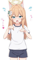 Rule 34 | 1girl, animal ear fluff, animal ears, black shorts, blue archive, blue eyes, blush, cat ears, commentary request, cowboy shot, flower, flying sweatdrops, gym shirt, gym shorts, gym uniform, hair between eyes, hair flower, hair ornament, halo, heart, highres, long hair, looking at viewer, mari (blue archive), mari (track) (blue archive), official alternate costume, open mouth, orange hair, shirt, short sleeves, shorts, simple background, solo, takasuma hiro, translation request, white background, white flower, white shirt, yellow halo