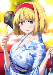 Rule 34 | 1girl, alice margatroid, alternate costume, bag, blonde hair, blue eyes, blunt bangs, blush, breasts, bubble, collarbone, commentary request, hairband, hand fan, highres, holding, holding bag, holding fan, japanese clothes, kimono, long sleeves, looking at viewer, medium breasts, nori tamago, paper fan, parted lips, pouch, sash, short hair, sketch, smile, solo, touhou, uchiwa, upper body, wide sleeves