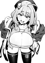 Rule 34 | 1girl, ahoge, anis (nikke), beret, blush, breasts, cleavage, collarbone, goddess of victory: nikke, greyscale, hat, jacket, large breasts, long sleeves, monochrome, open mouth, short hair, shorts, smile, solo, thighhighs, thighs, tkhs