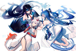 Rule 34 | 3girls, absurdres, all fours, arknights, bare shoulders, barefoot, bead bracelet, beads, black hair, black jacket, black skin, blue eyes, blue hair, bracelet, braid, breasts, china dress, chinese clothes, cleavage, cleavage cutout, clothing cutout, collared dress, colored skin, dragon girl, dragon horns, dragon tail, dress, dusk (arknights), earrings, flame-tipped tail, gaanc 23 (tomosuge), green skin, highres, holding hands, horns, jacket, jewelry, lap pillow, ling (arknights), long hair, looking at viewer, lying, multicolored hair, multiple girls, necktie, nian (arknights), nian (unfettered freedom) (arknights), off shoulder, official alternate costume, on back, pointy ears, ponytail, purple eyes, red eyes, red hair, red necktie, red skin, shirt, siblings, sisters, sitting, sleeveless, sleeveless dress, small breasts, streaked hair, tail, tassel, tassel earrings, thighs, very long hair, wavy hair, white dress, white shirt