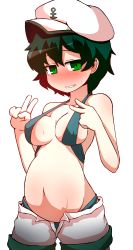 Rule 34 | 1girl, bikini, breasts, double v, embarrassed, green hair, grin, hat, hato no suisou, highres, large breasts, looking at viewer, murasa minamitsu, pregnant, sailor hat, short hair, shorts, smile, solo, sweat, swimsuit, tears, touhou, transparent background, unbuttoned, v