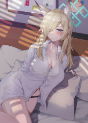 1girl absurdres animal_ear_fluff animal_ears black_panties blonde_hair blue_archive blue_eyes blue_halo blush breasts cleavage closed_mouth collarbone collared_shirt commentary hair_over_one_eye halo highres kanna_(blue_archive) kel_(pixiv77786190) long_hair long_sleeves looking_at_viewer medium_breasts panties pillow shirt sitting solo thighs underwear white_shirt