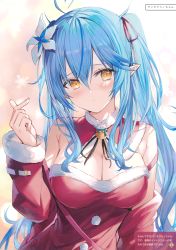 Rule 34 | 1girl, absurdres, ahoge, bare shoulders, blue hair, blush, breasts, cleavage, closed mouth, daifuku (yukihana lamy), fingernails, fur trim, gradient background, hair ornament, hand up, head tilt, highres, hololive, long hair, looking at viewer, medium breasts, pointy ears, pom pom (clothes), rin yuu, scan, simple background, snowflakes, solo, strapless, twintails, upper body, virtual youtuber, yellow eyes, yukihana lamy