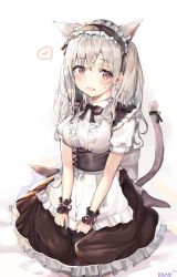 Rule 34 | 1girl, animal ears, apron, bell, blush, cat ears, cat girl, harune rane, highres, maid, maid apron, maid headdress, original, silver hair, tail, tail bell, tail ornament, twintails