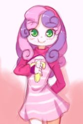 Rule 34 | 1girl, banana, blush, drantyno, dress, eating, food, fruit, green eyes, hasbro, highres, holding, long sleeves, looking at viewer, multicolored hair, my little pony, my little pony: equestria girls, my little pony: friendship is magic, pink background, pink dress, pink hair, purple hair, smile, standing, striped clothes, striped dress, sweetie belle, two-tone hair