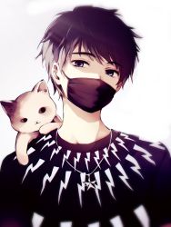 Rule 34 | 1boy, animal, animal on shoulder, arms at sides, cat, cat on shoulder, chiyingzai, commentary, covered mouth, eyebrows, glint, half-closed eyes, head tilt, highres, jewelry, looking at viewer, male focus, necklace, original, solo, star (symbol), star necklace, swept bangs, symbol-only commentary, upper body, white background