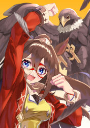Rule 34 | 1girl, absurdres, animal ears, arm up, bird, bracelet, breasts, brown hair, clenched hands, commentary request, domino mask, eagle, ear ornament, el condor pasa (umamusume), feathers, hair between eyes, highres, horse ears, horse girl, jacket, jewelry, kento (kentdrawing), large breasts, long hair, long sleeves, looking at viewer, mambo (umamusume), mask, open clothes, open jacket, open mouth, ponytail, red jacket, shirt, simple background, smile, solo, talons, teeth, umamusume, upper body, yellow background, yellow shirt