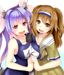 Rule 34 | 10s, 2girls, bad id, bad pixiv id, between breasts, blue hair, blush, breast press, breasts, brown eyes, clothes writing, fang, hair intakes, hair ribbon, hairband, i-19 (kancolle), i-26 (kancolle), interlocked fingers, kanna (horntp), kantai collection, large breasts, light brown hair, long hair, looking at viewer, multiple girls, name tag, new school swimsuit, one-piece swimsuit, open mouth, red eyes, ribbon, sailor collar, school swimsuit, short sleeves, simple background, smile, star-shaped pupils, star (symbol), swimsuit, swimsuit under clothes, symbol-shaped pupils, symmetrical docking, torpedo, tri tails, twitter username, two-tone hairband, two side up, white background