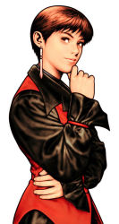 Rule 34 | 1girl, brown hair, capcom vs snk, capcom vs snk 2, earrings, face, hand on another&#039;s chin, hand on own chin, jewelry, lips, looking up, mori toshiaki, official art, short hair, snk, solo, the king of fighters, vest, vice (kof)